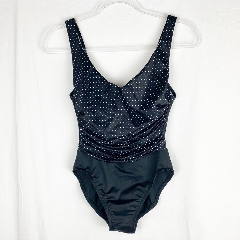 Miraclesuit Polka Dot One Piece Swimsuit Ruching Black & White size 8